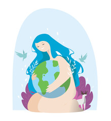 International Mother Earth Day. Protects earth, holds in hands. Cartoon vector illustration for nature concept. Trendy flat graphic design with mother earth for poster, card, sticker, web sites. 