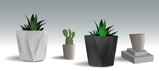 A set of pots of different shapes, empty pots and pots with flowers and plants. Potted Plants EPS 8 vector, grouped for easy editing, no open shapes or paths.