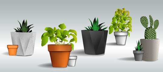 A set of pots of different shapes, empty pots and pots with flowers and plants. Potted Plants EPS 8 vector, grouped for easy editing, no open shapes or paths.