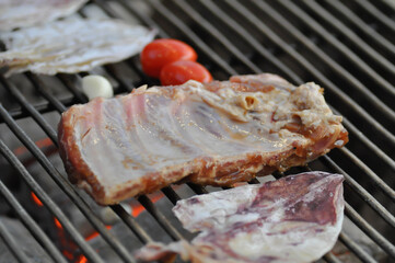 grilled pork, grill pork rib and squid