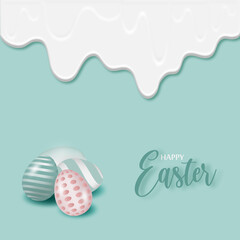 Vector Illustration of Happy Easter Holiday with Painted Eggs, and White glaze on green Background. International Celebration Design with Typography for Greeting Card, Party Invitation