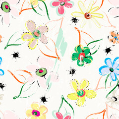 floral seamless pattern background, with brush strokes and splashes, summer flowers