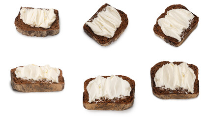 Brown bread and cheese isolated on white background.