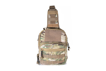 small army combat rucksack isolated on white background, studio shot