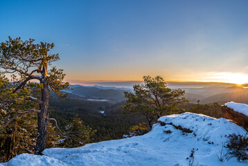 Ein Felsen mit Baum bei Sonnenaufgang und Schnee