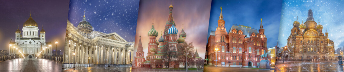 Obraz premium Creative Collage View Of Russia top sightseeing. The Cathedral of Christ the Saviour, Kazan Cathedral, Saint Basil Cathedral, The state History museum and the Church of Savior on Spilled Blood. 