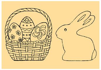 Chocolate Easter bunny and eggs in a basket in doodle style. Sketch. Hand Drawn.