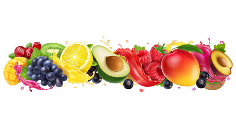 Juice splashes of fruit and berries mix. Orange, mango, raspberry, avocado, plum, grapes, cranberries, black currant mixed juice. 3d vector realistic set