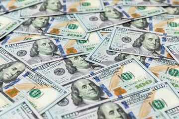 Texture with US dollars cash. Background of one hundred dollar bills.