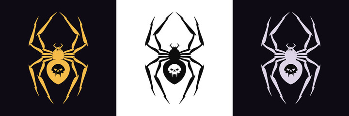 Spider logo with vampire skull and fangs. Golden, black and silver spider silhouette