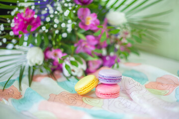 Fototapeta na wymiar Colorful spring French macarons decorated