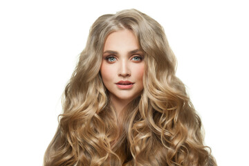 Perfect young blonde woman with long healthy curly hair isolated on white background