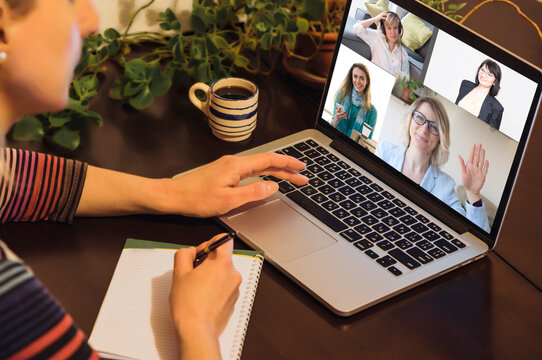 Business woman working from home, has online videoconference on laptop on laptop