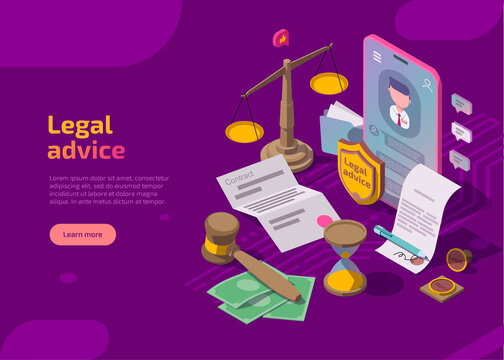 Legal advice banner. Isometric web page with scales, phone, gavel, hourglass, seal and documents. Online lawyer assistance for regulation legal issues, compliance to rules. Advocate attorney service