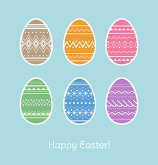 Happy Easter greeting card design with beautiful traditional colorful eggs with white ornament on blue background. - Vector