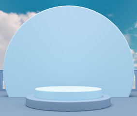 3d render illustration. Background with architectural elements. Large window overlooking the sky. Modern trendy design.