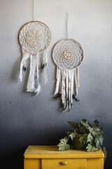 Home Decor Dream Catchers and Yellow Nightstand