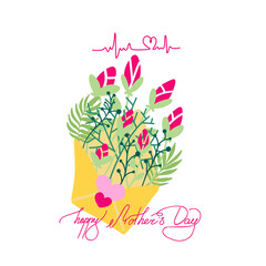 Happy Mother's Day greeting cards with flowers. Vector illustration. Cute cards and posters for the spring holiday with bouquet of flowers. Hand drawn mother holiday text doodle on isolated white bg