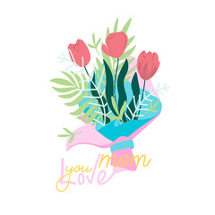 Happy Mother's Day greeting cards with flowers. Vector illustration. Cute cards and posters for the spring holiday with bouquet of flowers. Hand drawn mother holiday text doodle on isolated white bg