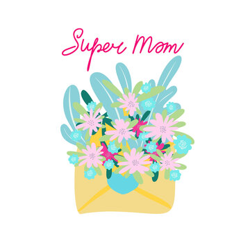 Happy Mother's Day greeting cards with flowers. Vector illustration. Cute cards and posters for the spring holiday with bouquet of flowers. Hand drawn mother holiday text doodle on isolated white bg