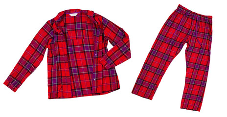 Pajamas set on white background, women's plaid pajama pants and a red shirt. on white background close up