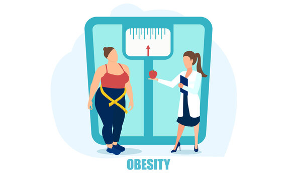 Vector of an overweight young woman being advised on a healthy diet