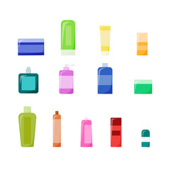 A set of cosmetics. Bottles of shampoo, balm, cream, tonic, mask. Icons in a flat style. Vector illustration