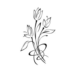 ornament 1584. three stylized flowers on stems with leaves in black lines on white background