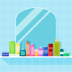 Mirror in the bathroom with a set of cosmetics. Vector illustration