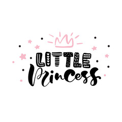 Vector illustration of Little Princess text with crown for girls clothes. Inspirational quote, banner. Feminine baby calligraphy. Lettering typography, poster. Royal badge, card, postcard, tag, icon