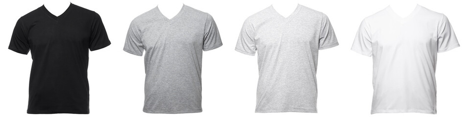 Real plain shortsleeve cotton V-Neck T-Shirt templates of various shades isolated on a white...