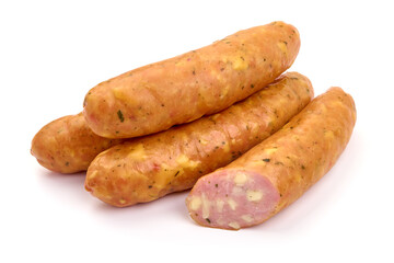 Smoked sausages for grill, isolated on white background. High resolution image
