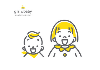 Obraz na płótnie Canvas 赤ちゃんと女の子のシンプルでかわいい線画イラスト　二色