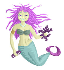 A sad smirking mermaid with violet hair and a hair comb