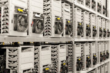 Modern computer cases in a data center mining