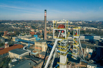 Aerial view of black coal mine in Poland. Industrial place from above. Heavy industry top view.