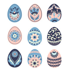 Set of  Easter eggs with different ornament in folk style. Spring holiday template for design. Isolated vector Illustration.