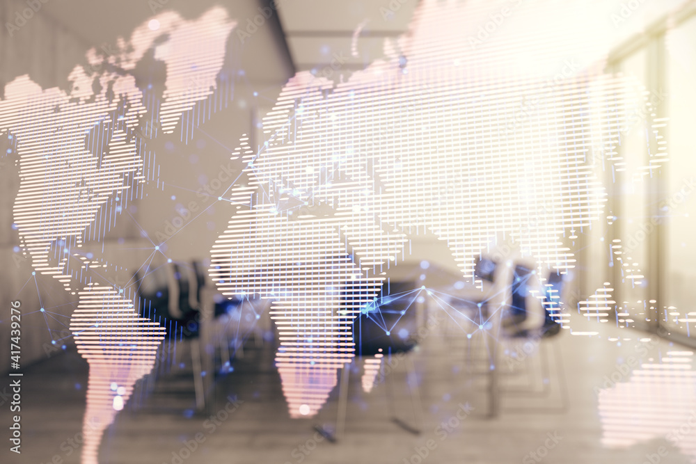 Poster double exposure of abstract digital world map hologram on a modern boardroom background, big data an