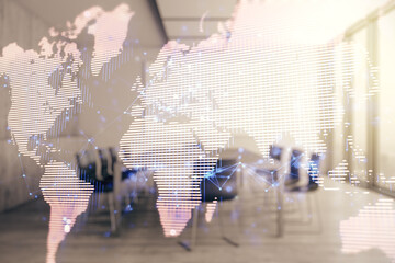 Double exposure of abstract digital world map hologram on a modern boardroom background, big data...