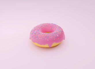 Yummy pink glazed doughnut with icing and colorful sprinkles on light pink background. 3d rendering picture. Delicious fast food. Menu, poster, print, wrapping paper design element. Sweet dessert.