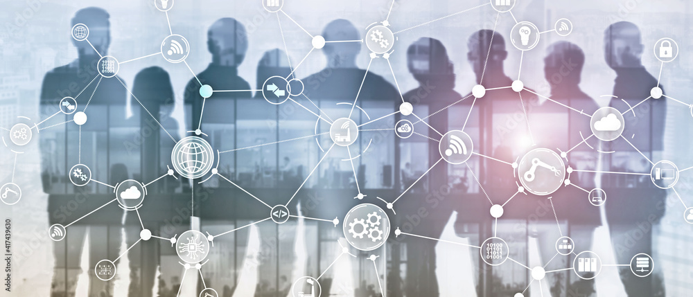 Poster technology industrial business process workflow organisation structure on virtual screen. iot smart 