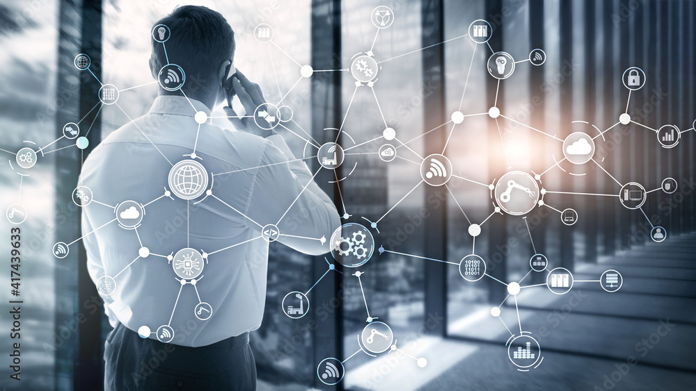 Poster technology industrial business process workflow organisation structure on virtual screen. iot smart 