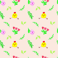 Cheerful chickens with flowers and foliage on a brown background.