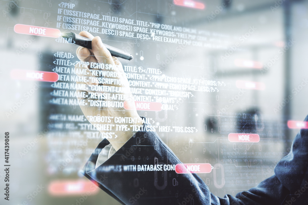 Poster male hand with pen working with abstract virtual coding concept on blurred office background. multie