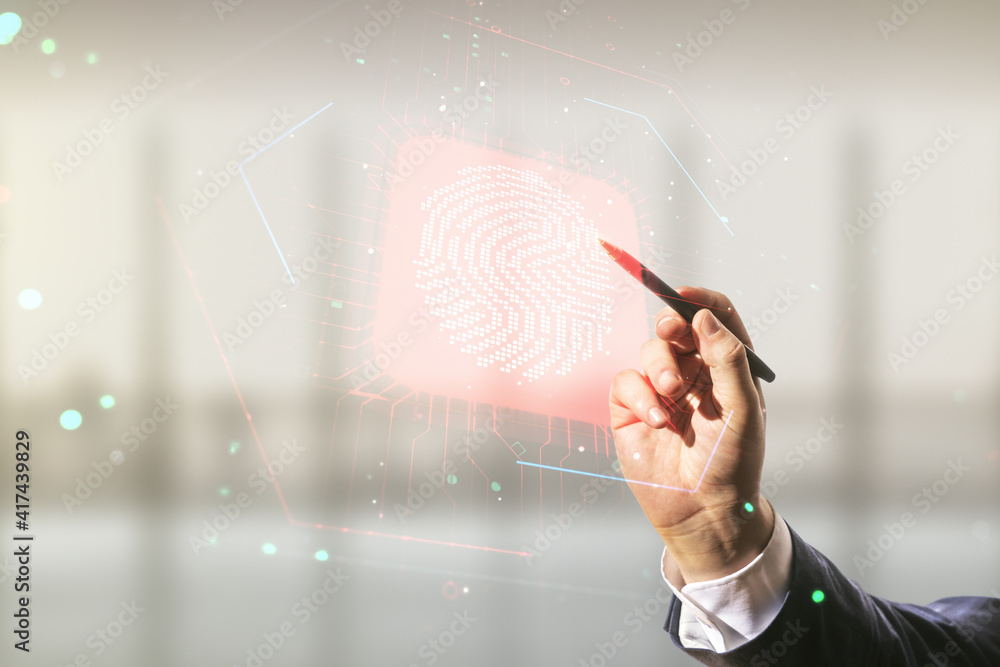 Aufkleber multi exposure of man hand with pen working with virtual fingerprint scan interface on blurred offic