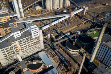 Aerial view of black coal mine in Poland. Industrial place from above. Heavy industry top view.