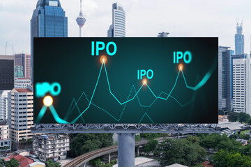 IPO icon hologram on road billboard over day time panorama city view of Kuala Lumpur. KL is the hub...