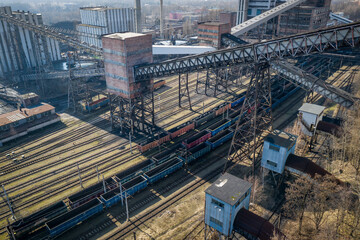 Aerial view of black coal mine in Poland. Industrial place from above. Heavy industry top view.