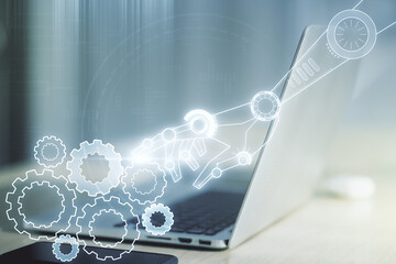 Creative abstract robotics technology hologram on modern computer background, artificial...