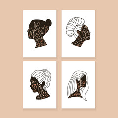 Abstract continuous line posters set. Fashion templates with female heads pofiles with plants, leaves, color textured elements on their faces in modern outline style. Hand drawn vector illustration.
